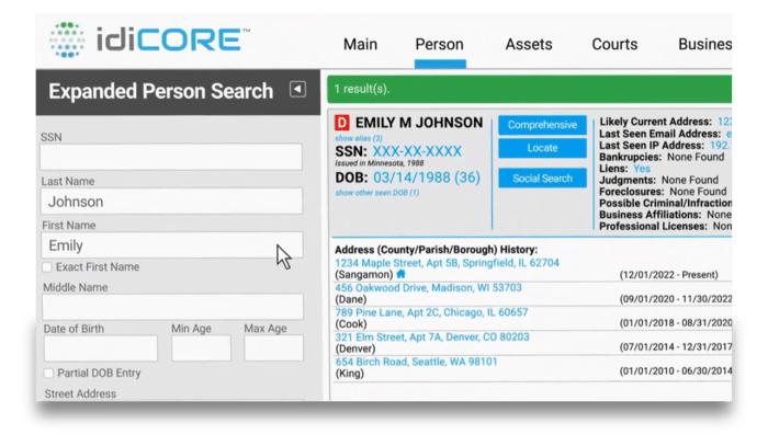 idiCORE - Expanded person search, people, businesses, courts, and assets